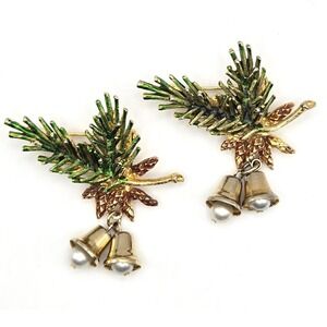 Vintage‎ Christmas Pine Branch Brooch Set Gold Tone Green Enamel Pearl Bells